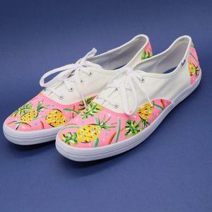 Custom Hand Painted Keds Shoes Pink w/ Tropical Pineapples Womens sz 8.5